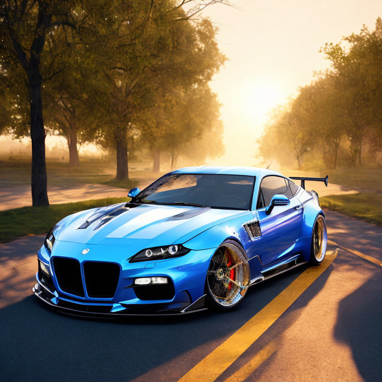 Blue Sports Car with Racing Modifications Parked on Tree-Lined Road at Sunrise