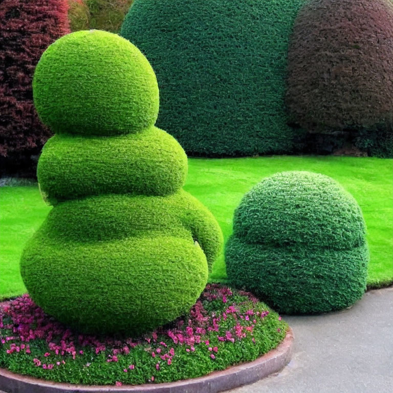 Manicured garden with topiary shrubs in stacked sphere shapes