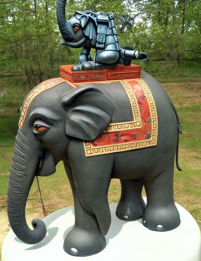Colorful Elephant Statue with Blue Figure on Back and Decorative Patterns