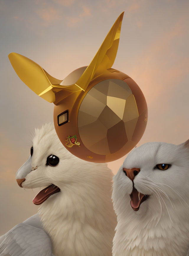 Stylized white cats with human-like expressions wearing a golden knight's crown.