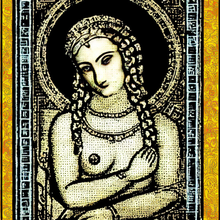 Mosaic-style image of woman with halo in classical attire against yellow and black patterned background