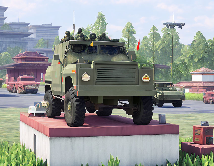 Green Military Armored Vehicle Displayed in Park Setting