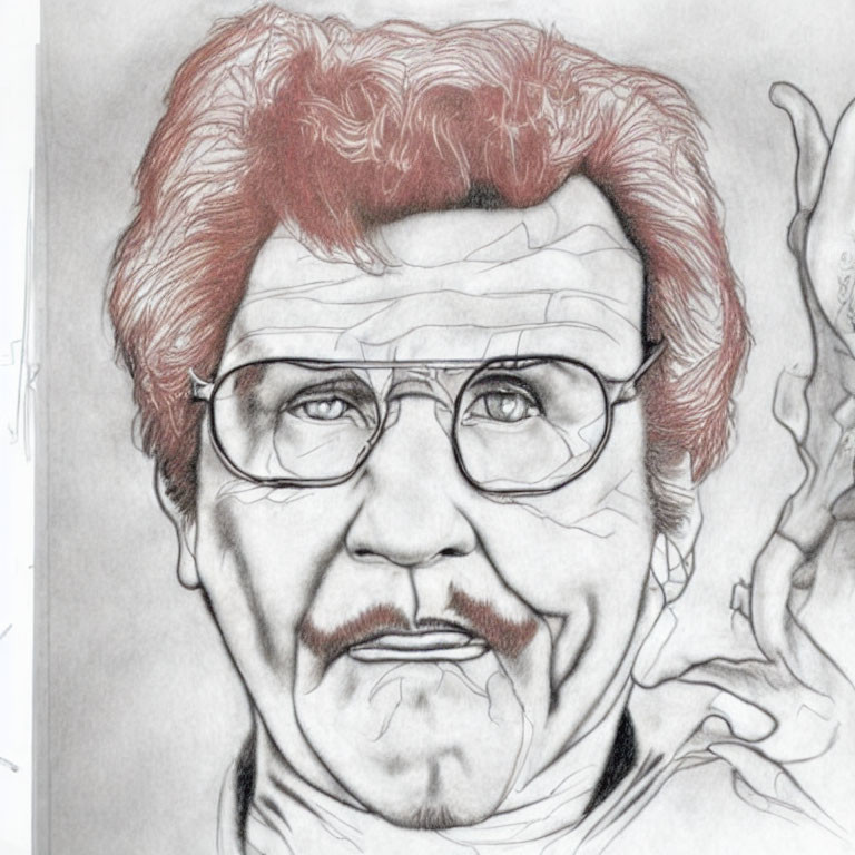 Detailed pencil sketch of mature man with curly hair, glasses, mustache, and wrinkles