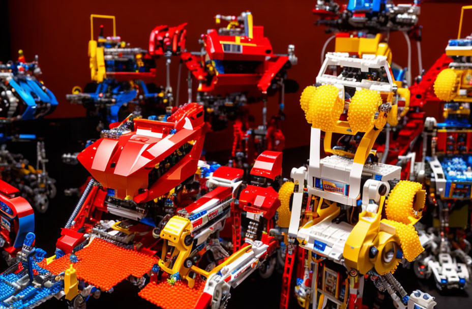 Intricate Lego robot models in colorful designs on red backdrop