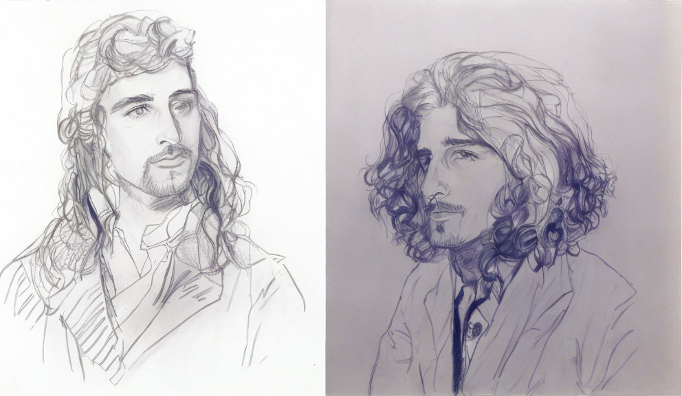 Two pencil sketches of a man with curly hair in front and side views