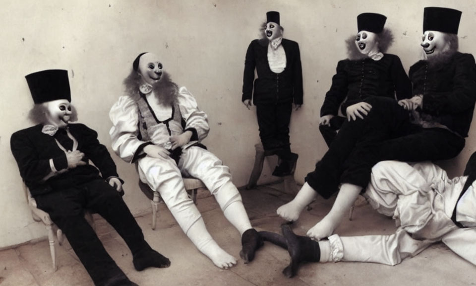 Vintage clown costumes group in eerie yet jovial scene