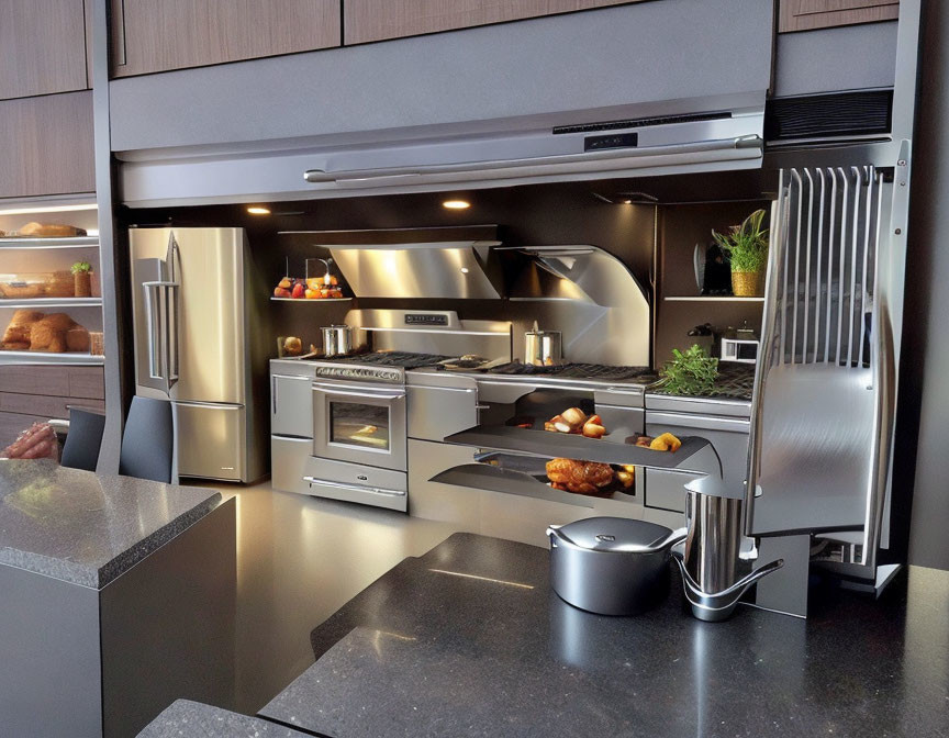 Contemporary Kitchen Design with Stainless Steel Appliances, Granite Countertops, and Wooden Cabinets