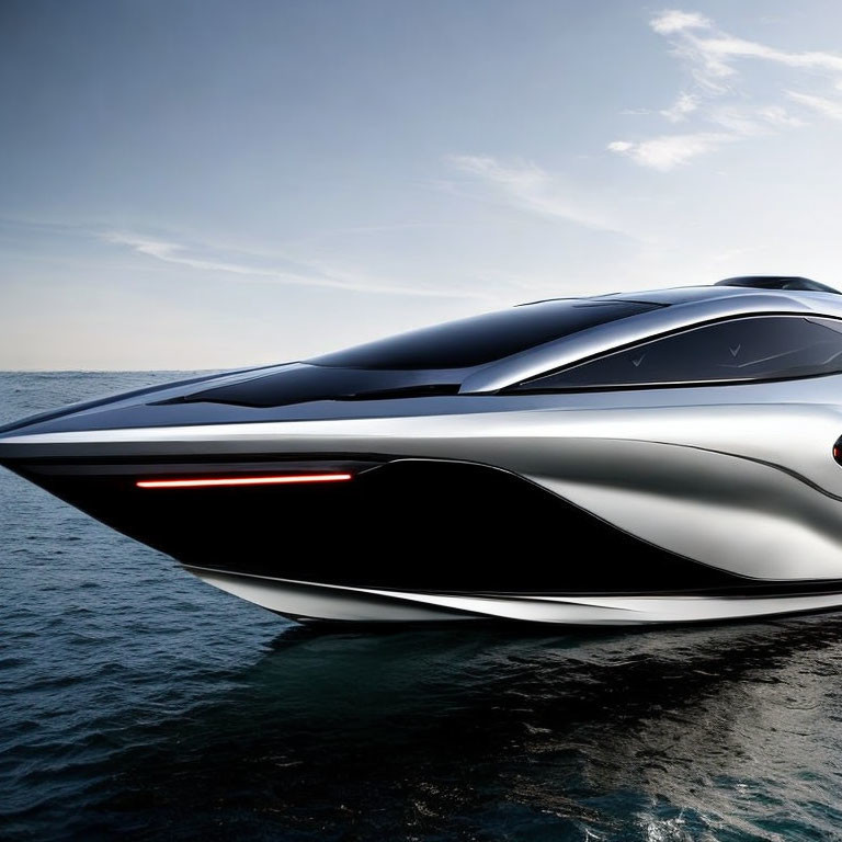 Futuristic yacht with white and black design on calm sea with red lights