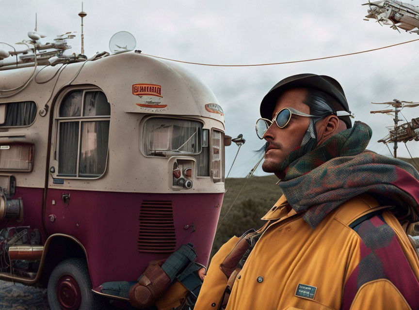 Man in sunglasses and scarf by vintage pink bus with antennas and satellite dishes under cloudy sky