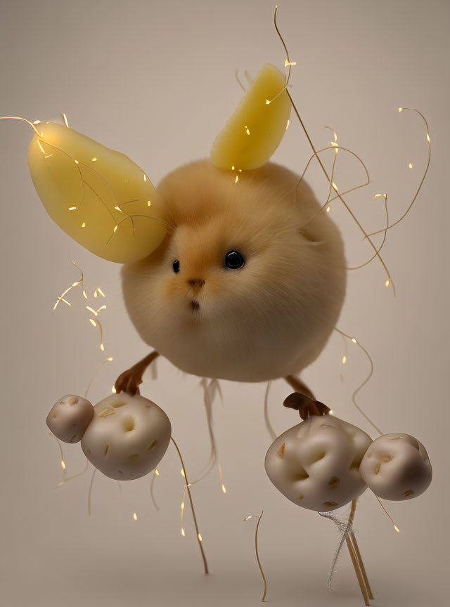 Whimsical creature with hamster body, rabbit ears, glowing tendrils, orbs, and spark