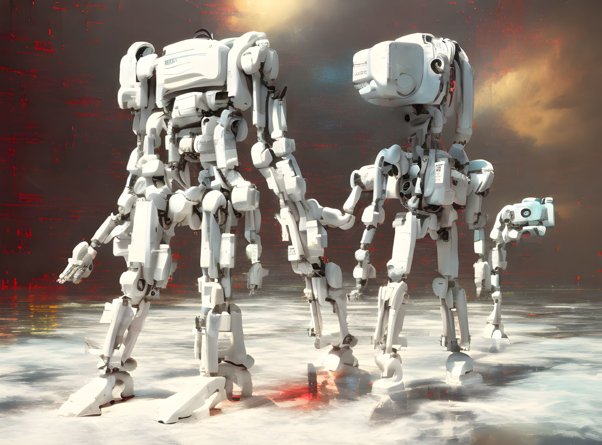 strange white robotic figures in a decaying state