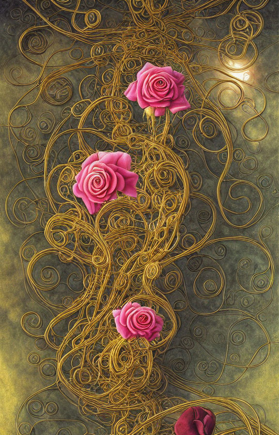 Vertical Golden Swirl Pattern with Pink Roses on Ornate Image