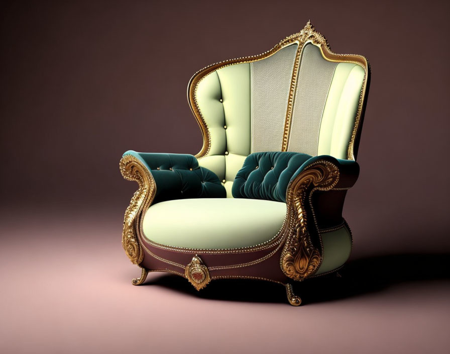 Victorian-style armchair with dark green and beige tufted upholstery and gold trim