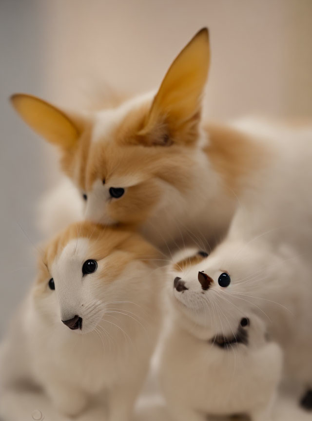 Whimsical creatures with cat features and fox ears in soft-focus.
