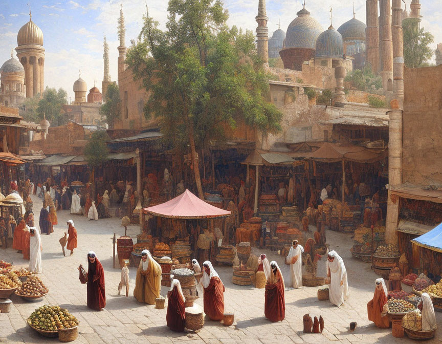 Traditional clothing, market stalls, and historic buildings in a bustling scene