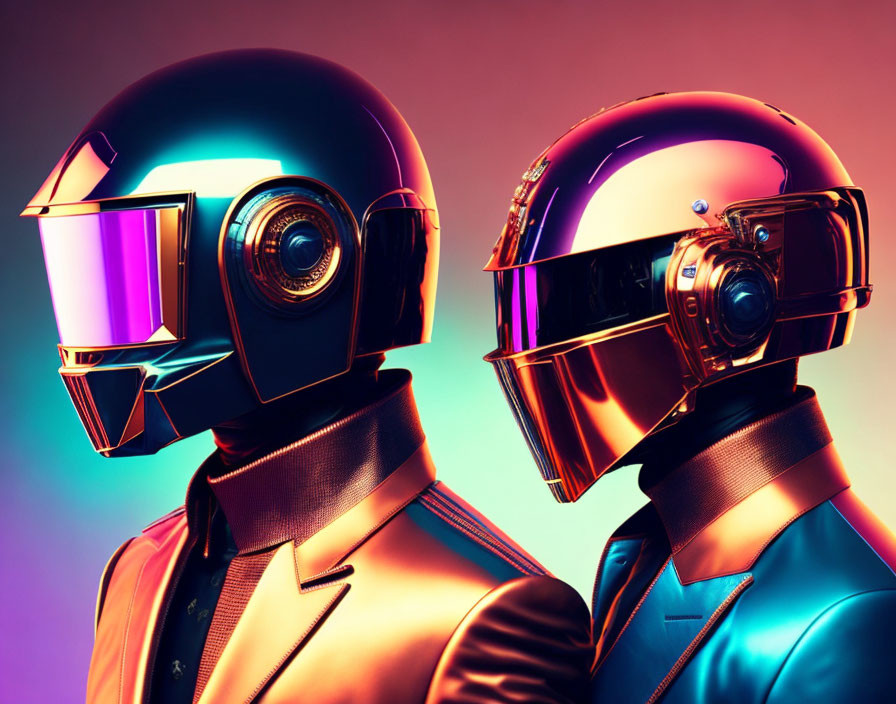 Colorful Neon-lit Portrait Featuring Two Figures in Robotic Helmets