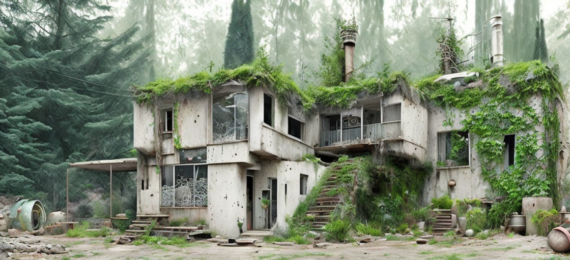 Overgrown two-story forest building with scattered debris