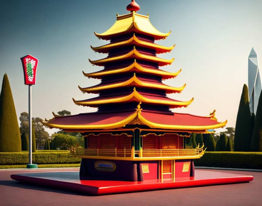 a sculpture of a pagoda made out of fast food