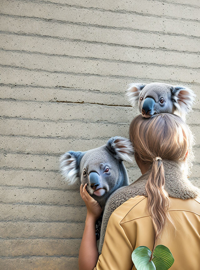 Woman with braid holding koala, textured wall, two koalas.