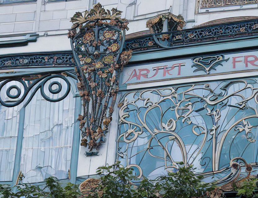 Intricate Art Nouveau facade with blue ceramic tiles and floral motifs