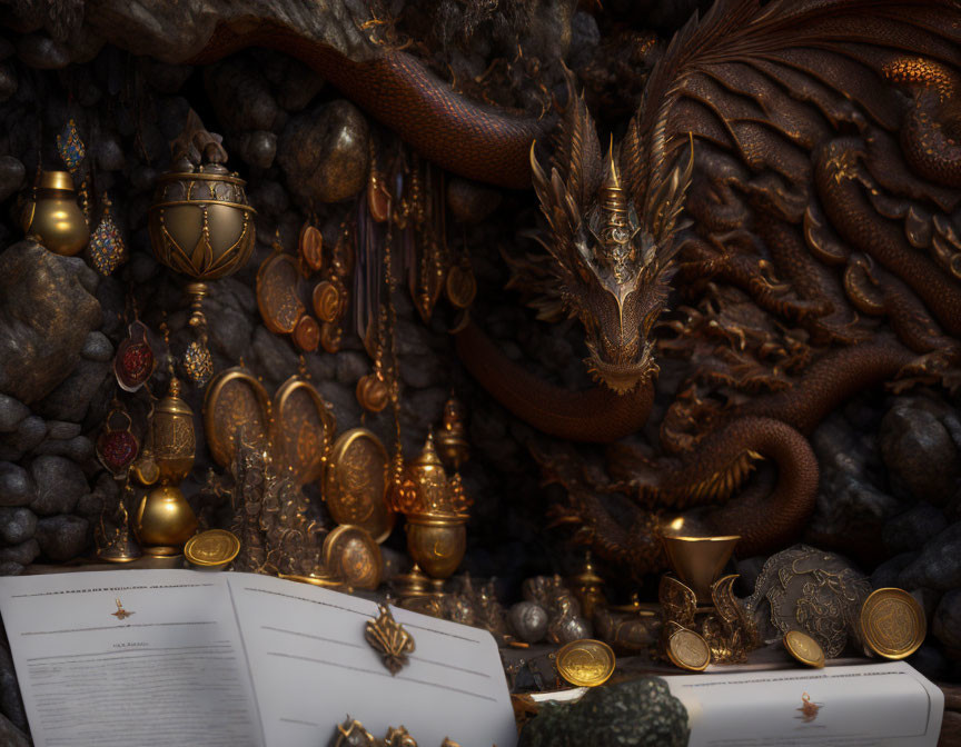 Golden dragon with treasures and open book in dark cavern