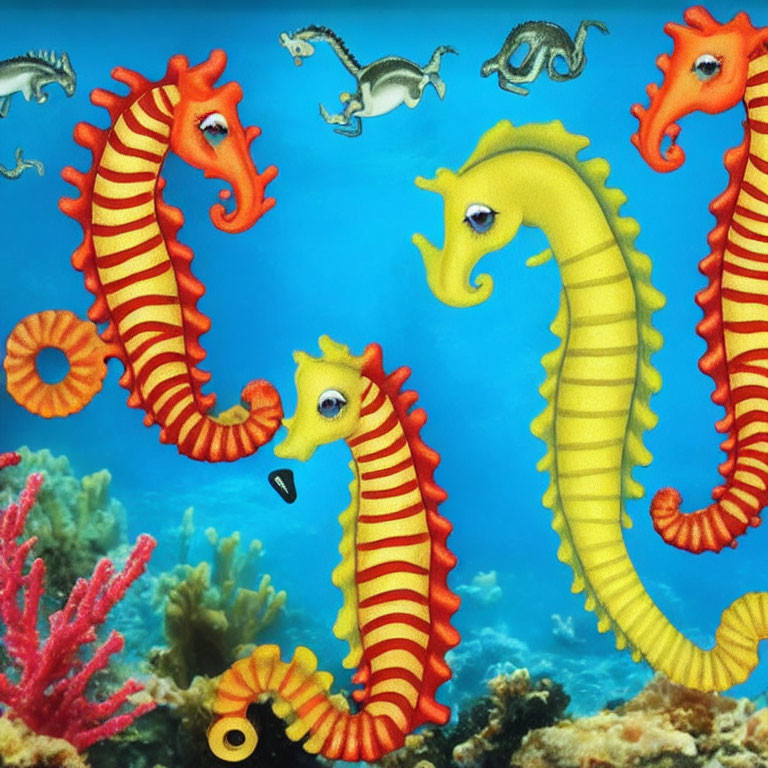 Vibrant illustrated seahorses on coral reefs in blue underwater scene