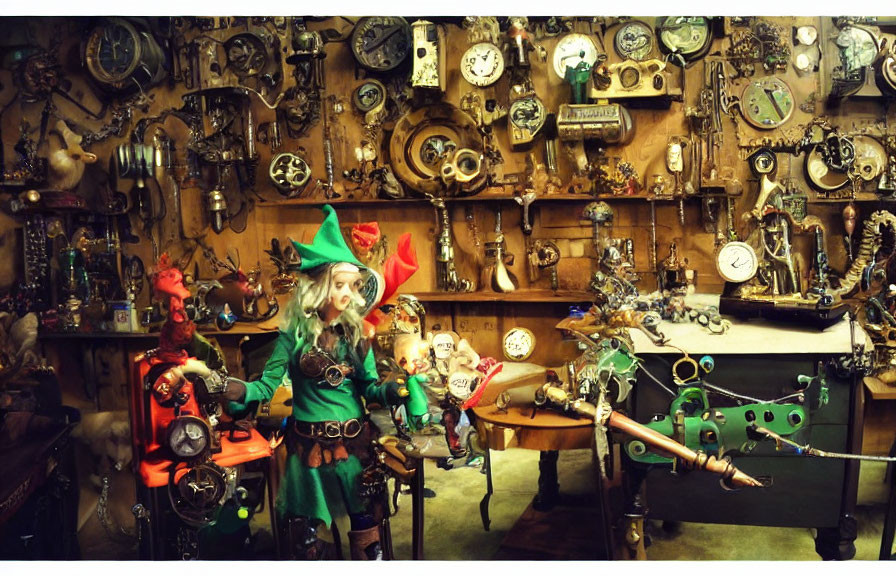 Steampunk-themed room with clocks, gears, and eccentric decor.