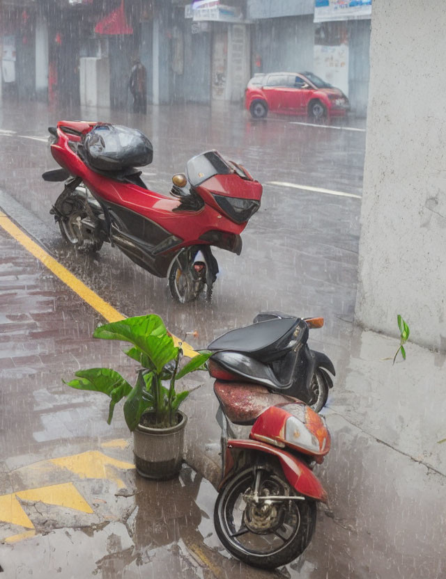 Two Motorbikes Parked on Wet Street in Rainy Scene