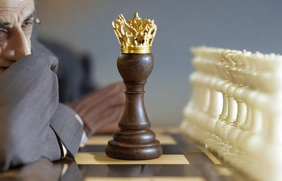 Contemplative individual watching chess game with focus on king piece