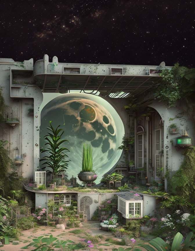 Surreal image of giant 'Q' structure with greenery, architecture, moon, and star