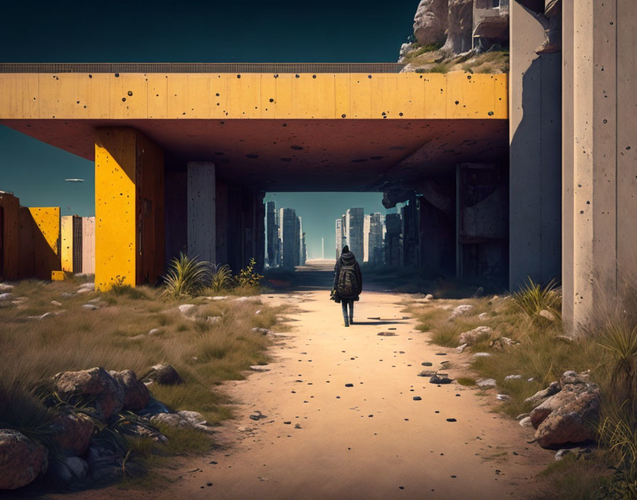 Person with backpack at entrance of concrete underpass to futuristic cityscape in desolate, overgrown setting