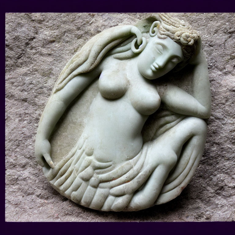Bas-Relief Sculpture of Woman with Stylized Hair on Purple Background