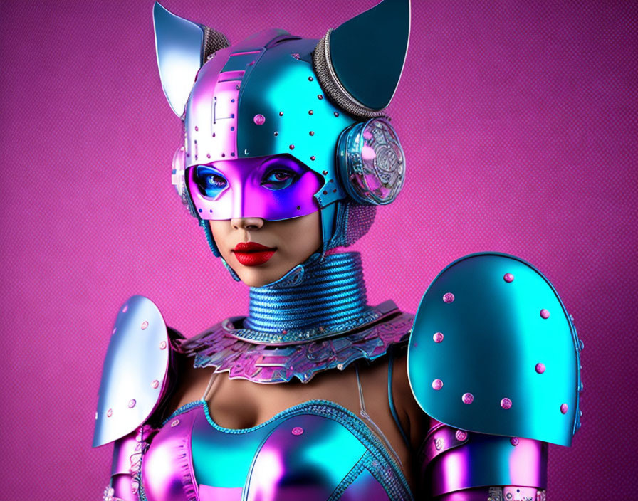 Female cyborg in vibrant blue and pink futuristic armor against pink backdrop