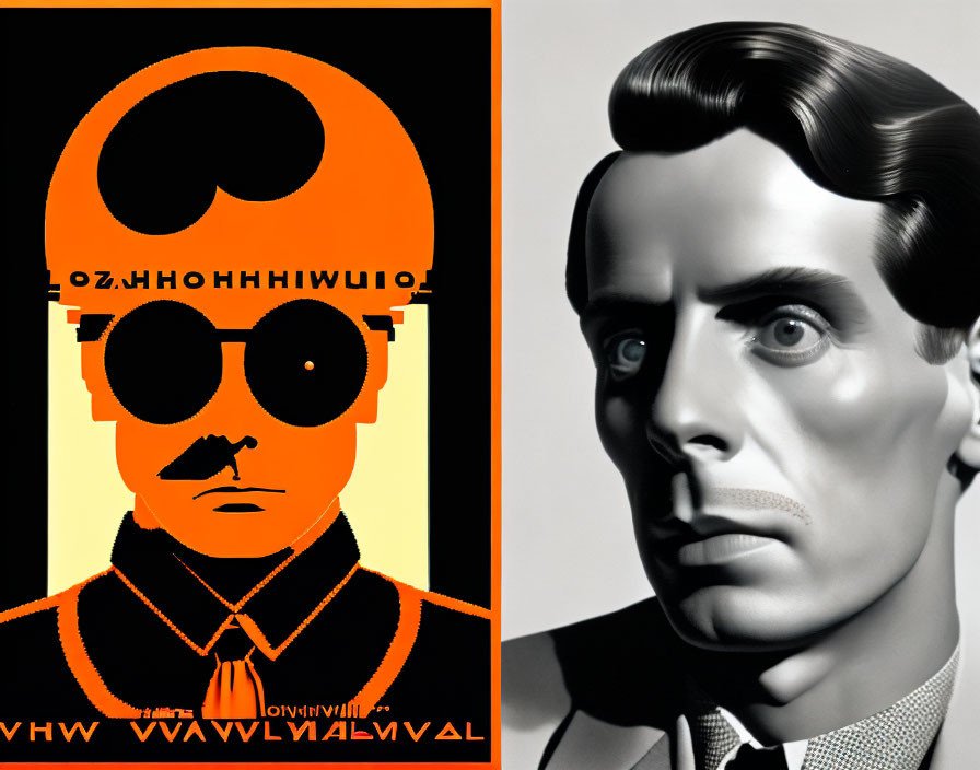 Split image: stylized orange and black graphic with figure, sunglasses, and letters on left, mon