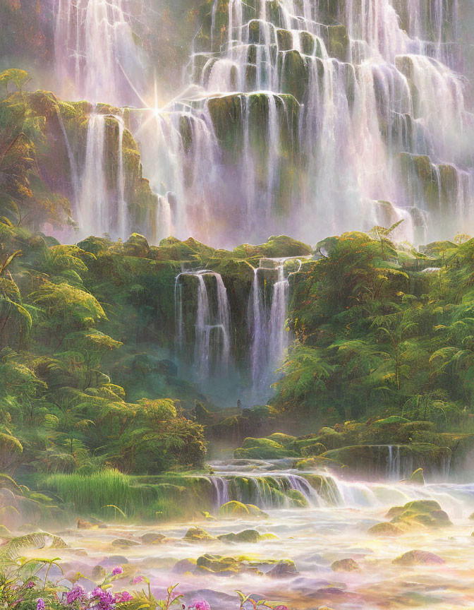Majestic multi-tiered waterfall in lush greenery