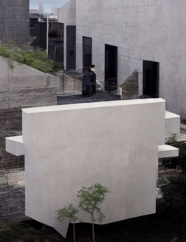 Contemporary geometric architecture with person on stairway and trees