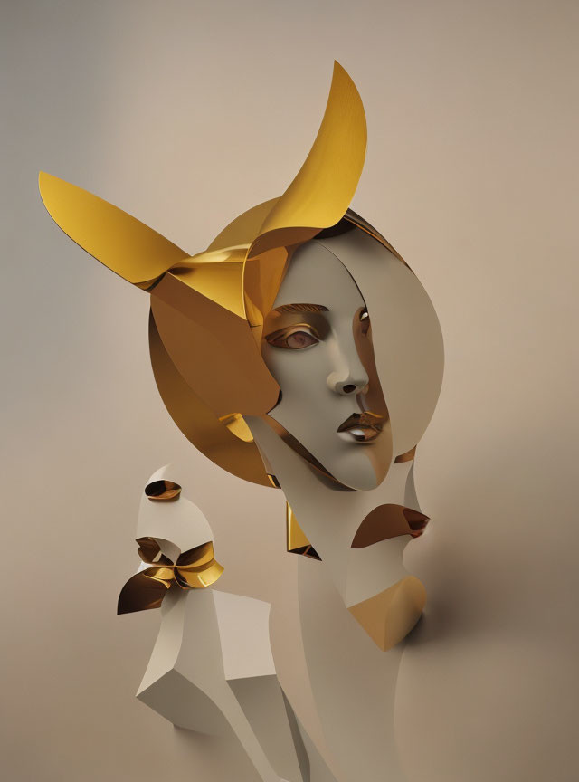 Stylized Female Figure with Golden Geometric Adornments in 3D Render