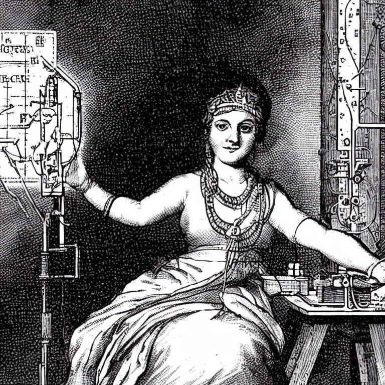 Engraved illustration of woman in historical dress with tiara, pointing at architectural diagram