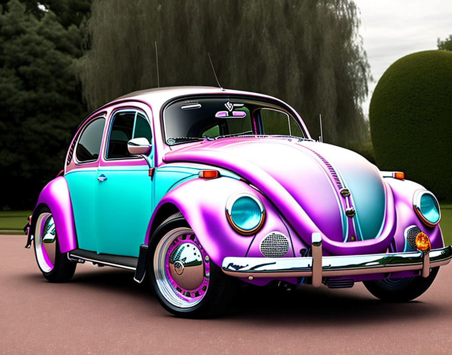 Vintage Volkswagen Beetle with Purple and Teal Paint Job on Pavement