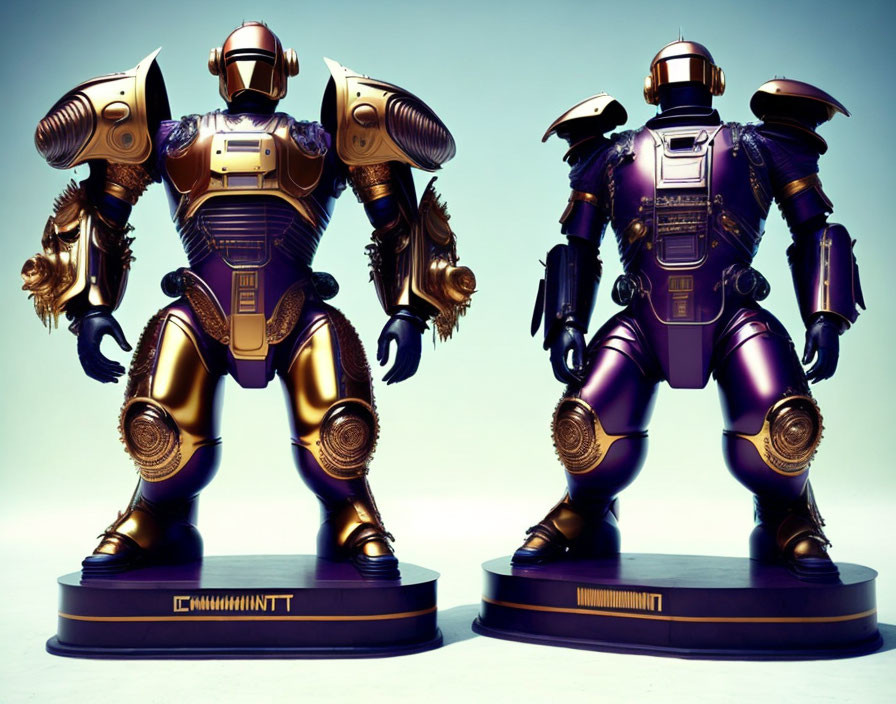 Gold and Purple Futuristic Robot Figurines on Display Bases