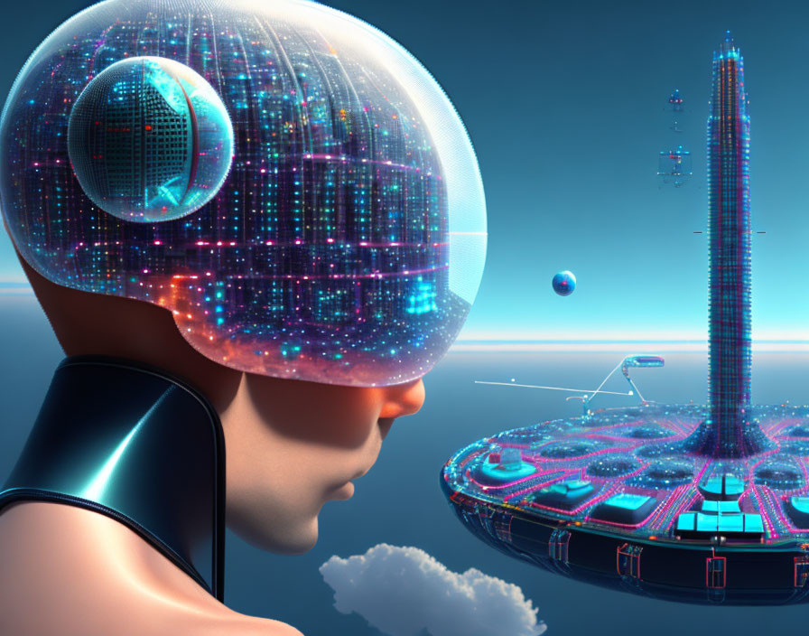 Digital helmet displaying futuristic cityscape against serene sky