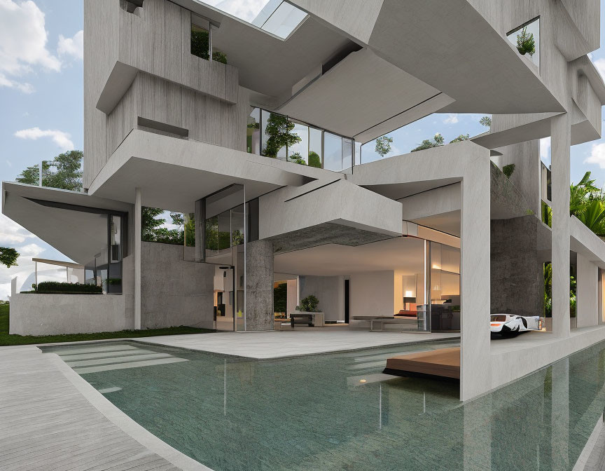 Luxury modern house with glass windows, concrete structures, pool, and white car.