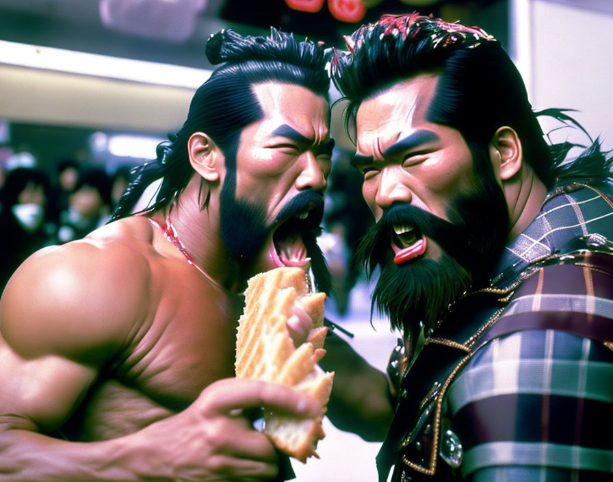 Muscular men with facial hair arguing, one eating sandwich