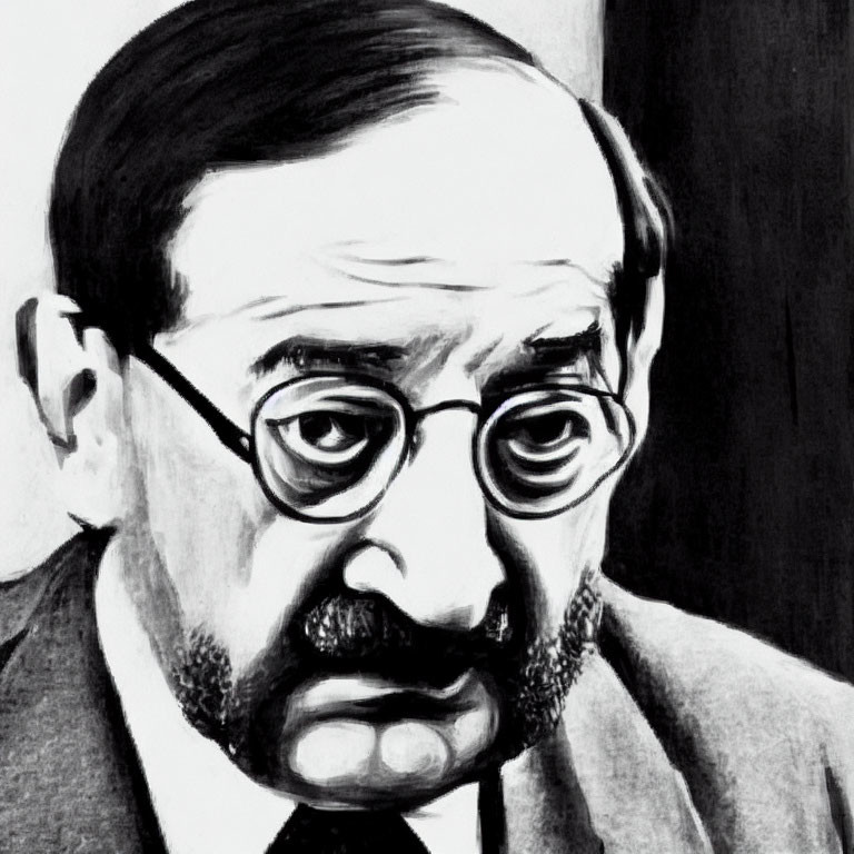 Detailed black and white sketch of a man with glasses, mustache, intense gaze, and receding