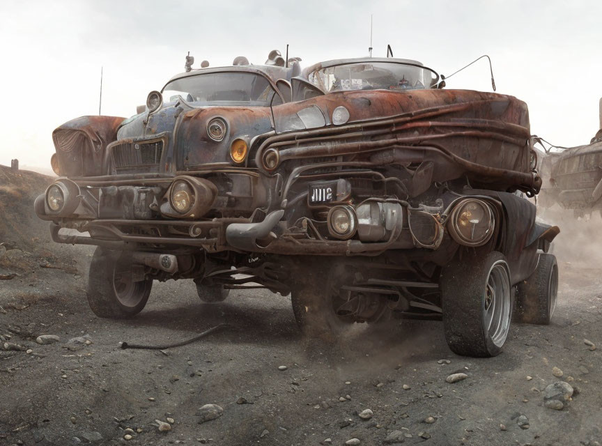 Rusty Modified Car with Exaggerated Features in Post-Apocalyptic Setting