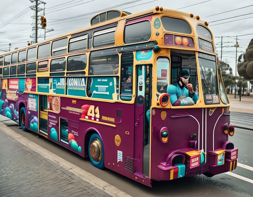 Colorful Vintage Double-Decker Bus with Teal and Purple Livery on Urban Road