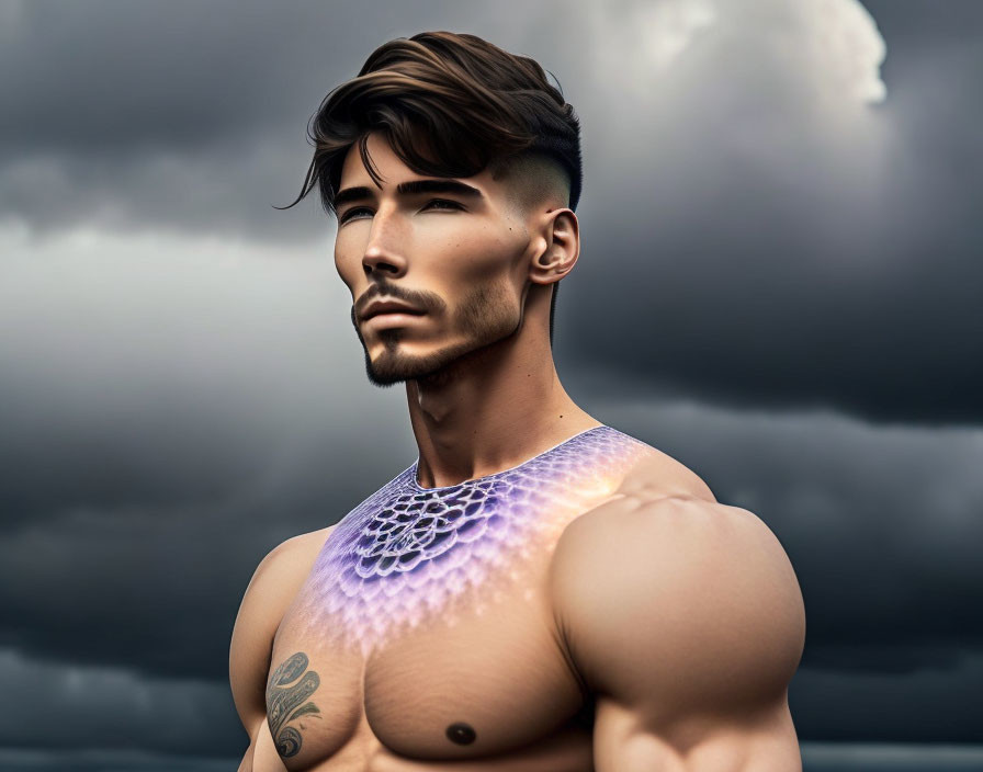 Digital illustration: Muscular man with tattoos, glowing chest pattern, stormy sky backdrop