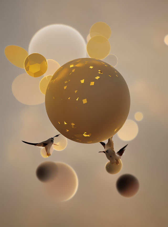 Two hummingbirds near large golden sphere with smaller orbs in warm, glowing background