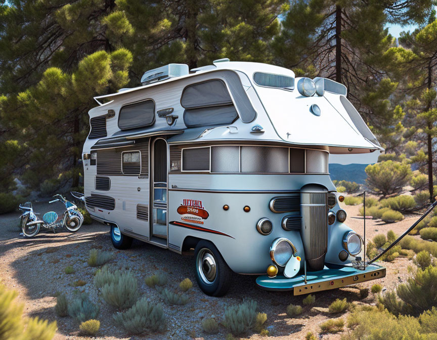 Vintage-Style RV and Classic Motorcycle in Forest Setting
