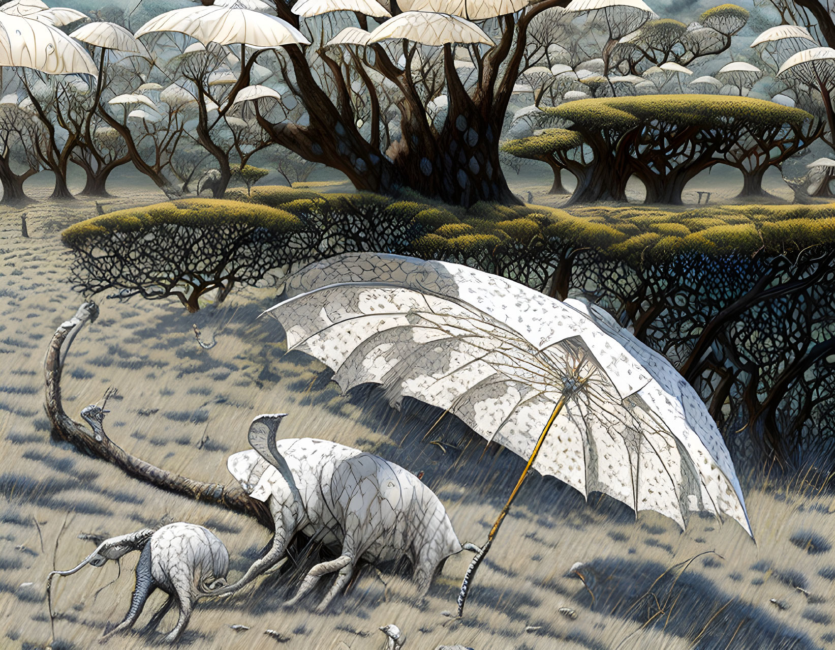 Fantasy landscape with umbrella-shaped trees and shell-covered creatures